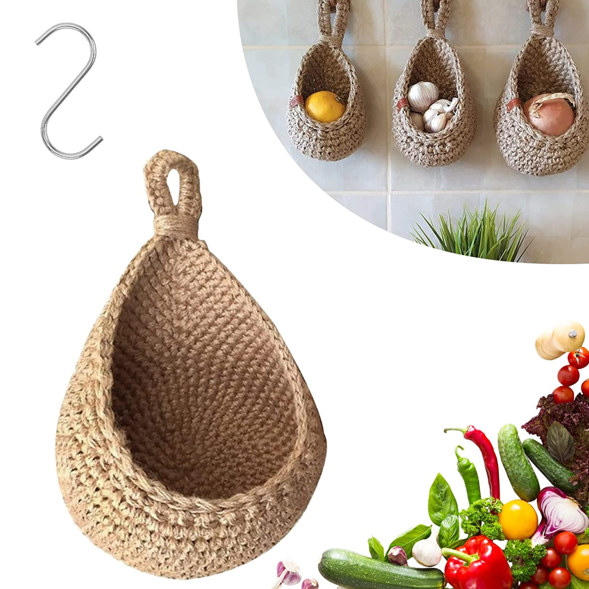 Woven Storage Baskets Wall Hanging Vegetable Fruit Rope Rattan Basket Kitchen Table Wall Hanging Storage Organizer Flower Vase