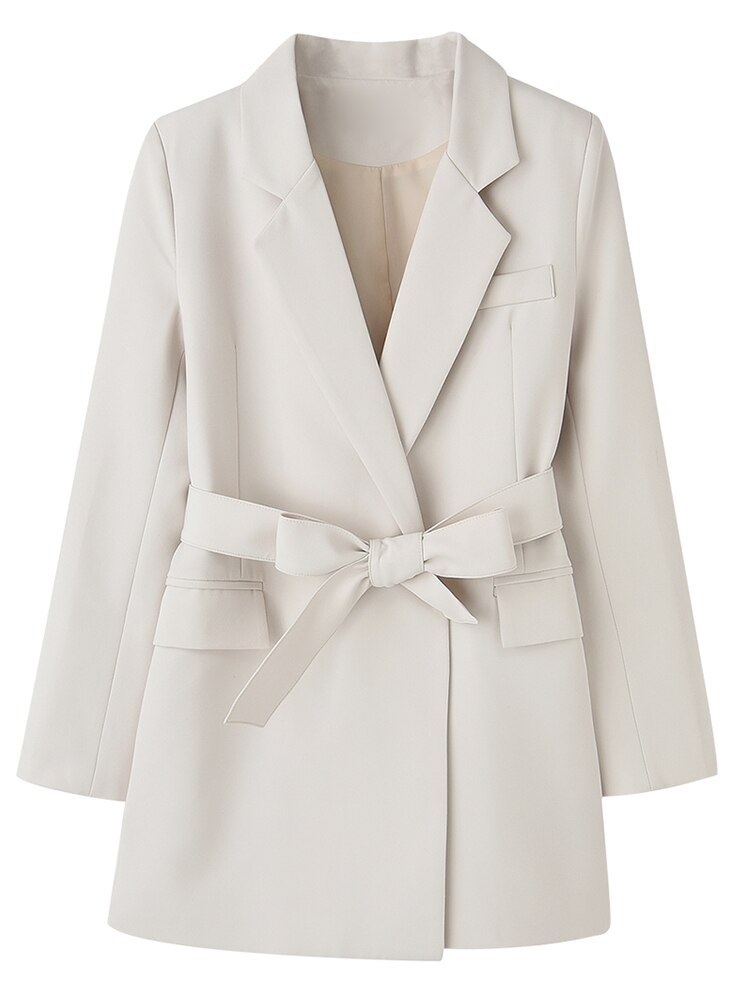 FTLZZ Autumn Office Ladies Beige Double Breasted Blazer Jacket Women Notched Collar Vintage Solid Color Blazer Casual Loose Coat