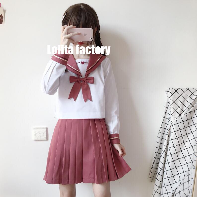 Academic Style School Uniforms Girls pink heart JK Uniform hats red Suit Student High School Japanese Preppy Sailor Suit jkx117