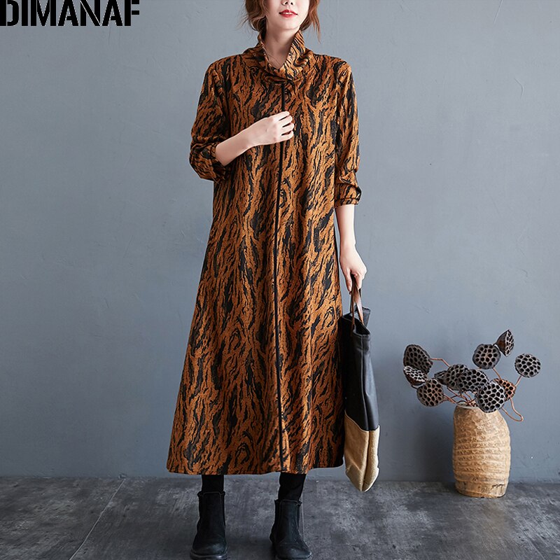 DIMANAF-vestido estampado de talla grande para mujer, vestido vintage de cuello alto, de invierno, holgado, grueso, de manga larga, Indie Folk