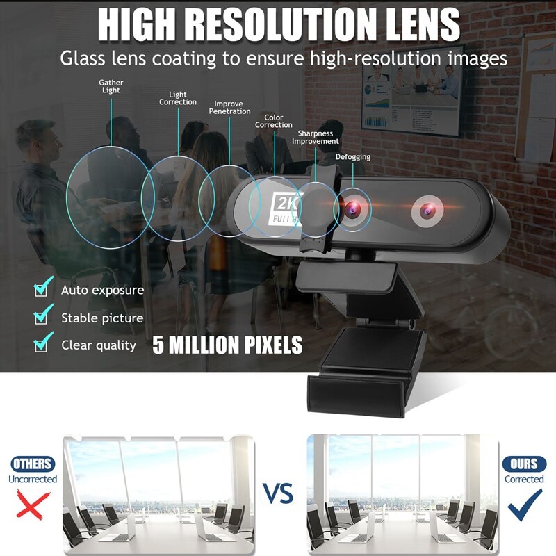 Video Conference Webcam 2K PC Web Camera with Face Recognition Dual Lens Autofocus HD Camera for Computer Live Broadcast