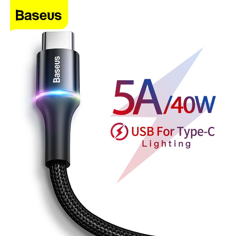 Baseus 5A Led Verlichting Lader Kabel Voor Xiaomi Redmi K20 Huawei P30 Pro 40W Fast Charging Oplader USB-C Type-C Kabel Draad Koord