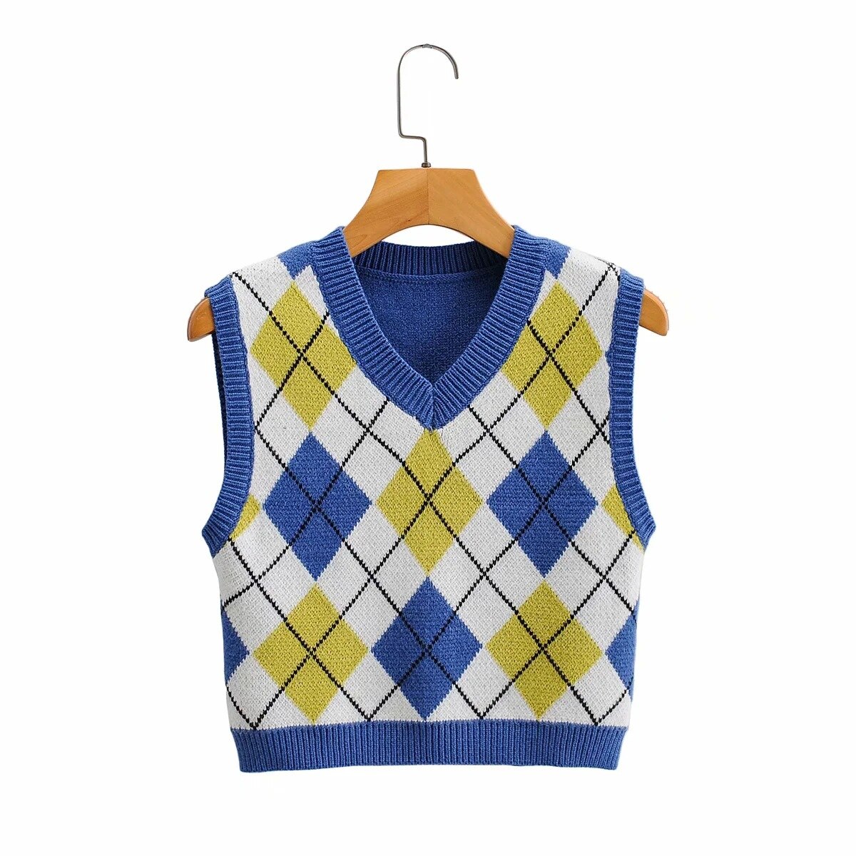 Preppy stil geometrisk plaid strikket vest sweater kvinder efterår vinter v-hals ærmeløs pullover dame sweater toppe: E