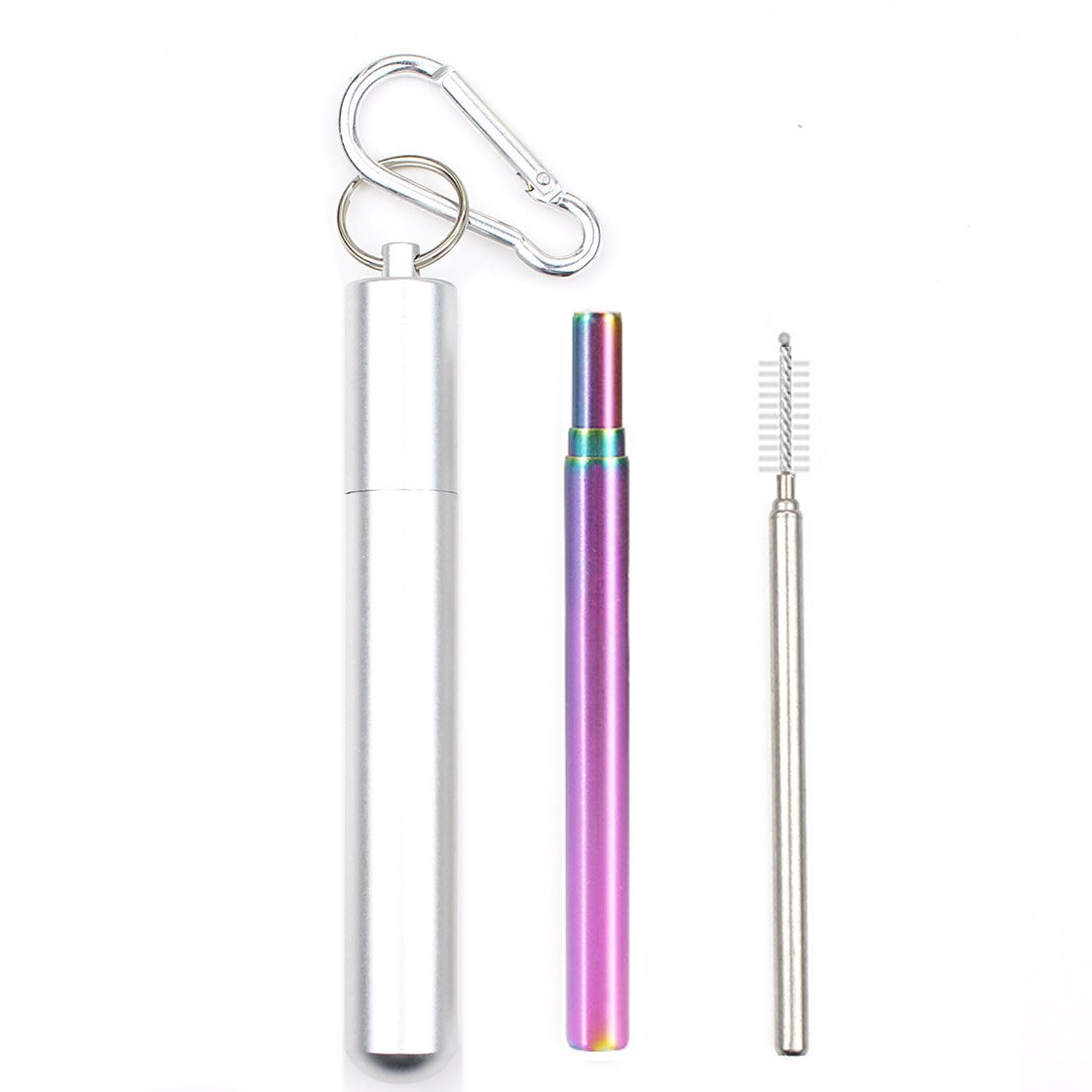 Reusable Stainless Steel Straws with Aluminum Keychain Case Cleaning Brush Collapsible Telescopic Portable Drinking Straws: SIlver1-yuan