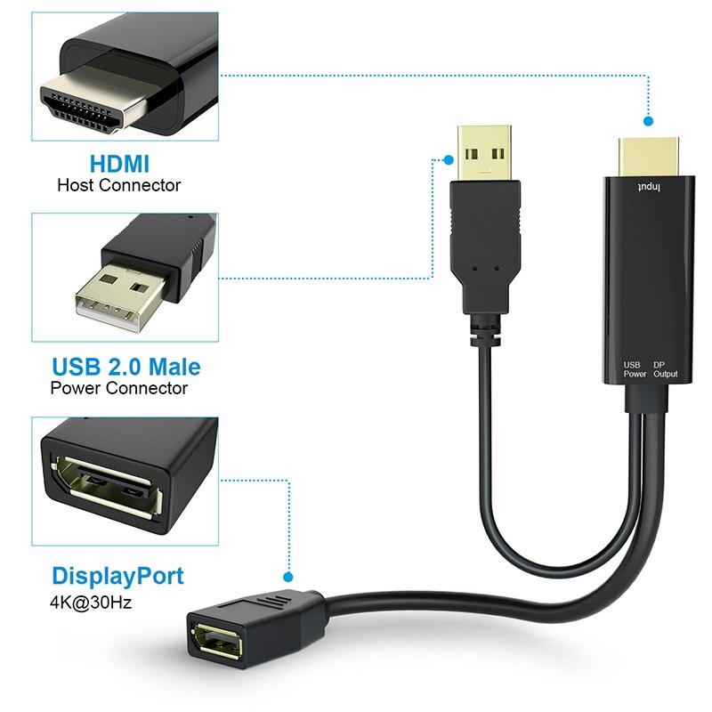 HDMI Male Extensions 3840X2160 UHD 4K to Display Port Female Adapter Cable USB 2.0 Power Connector for PC DP