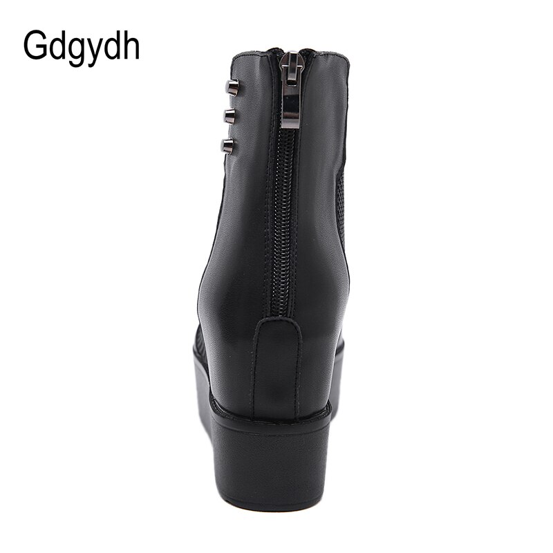 Gdgydh Offene spitze Stiefeletten hoch Fersen Plattform Stiefel Frauen Schwarz Leder Damen Sommer Schuhe Herbst Grundlegende Reißverschluss Keil Komfortable