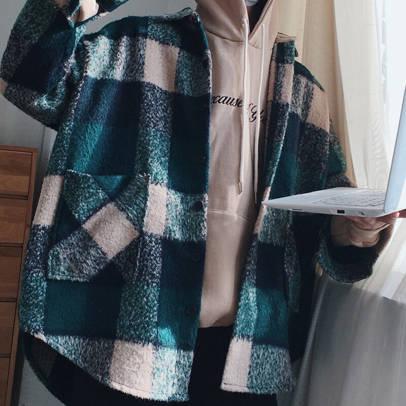 Rutig skjorta herr casual lös ulljacka karl man höst streetwear manliga kläder långärmad skjorta