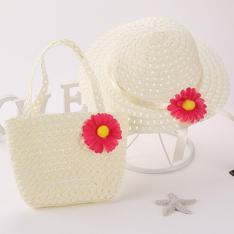 Girls Sun Flower Straw Hat Handbag Set Cute Lovely Princess Summer Beach Outdoor Travel Pure Color Sun Hat: 17