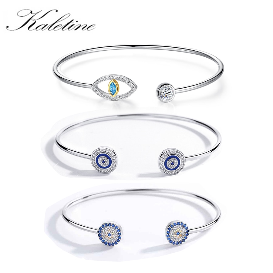 Kaletine Luck Evil Eye 925 Sterling Silver Bracelets Bangles Blue Hamsa Hand Blue Eye Zircon Fine Jewelry Women Accessories