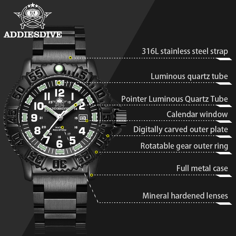 Addiesdive Heren Sporthorloge Lichtgevend Multifunctioneel 50M Waterdicht Roestvrij Staal Reloj Hombre Heren Quartz Horloge Relogio