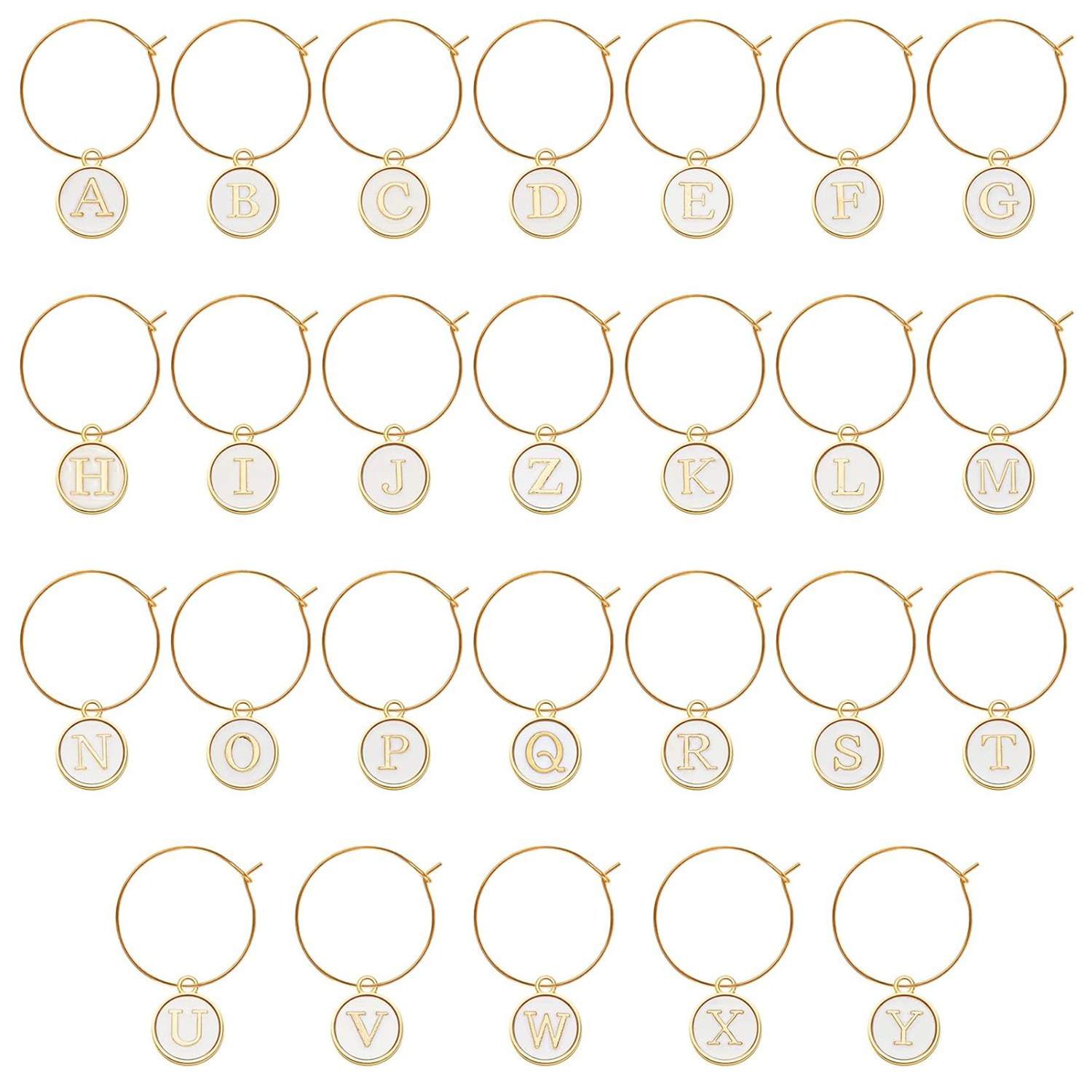 26Pcs Wine Charms for Stem Glasses with Rings Tags Letters Glass Charm Markers Wine Glass Identifier for Party Favors Decoration: WHITE