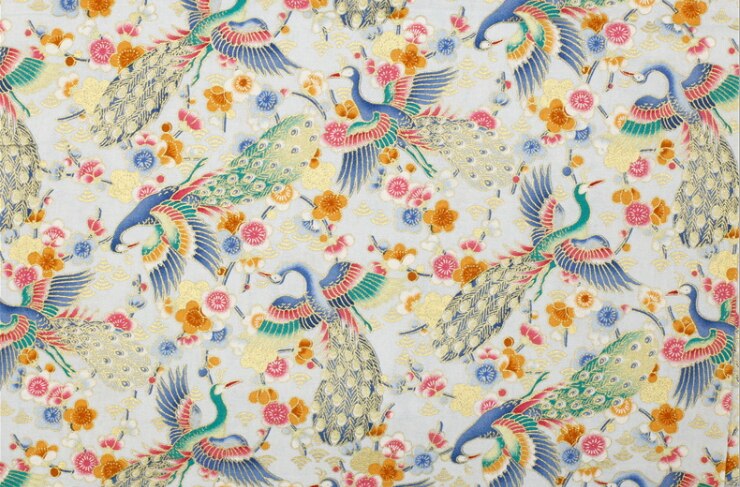 Tela de sakura de pavo real de estilo japonés, ropa de vestir artesanal, mantel, colchas hechas a mano, decoración de algodón satinado, reactivo bronce: sky blue / 45X70CM