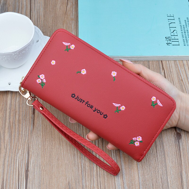 Femmes long portefeuille en cuir synthétique polyuréthane femme broderie fleur portefeuille filles kawaii pochette téléphone sac crédit porte-carte pour le nouvel an: red