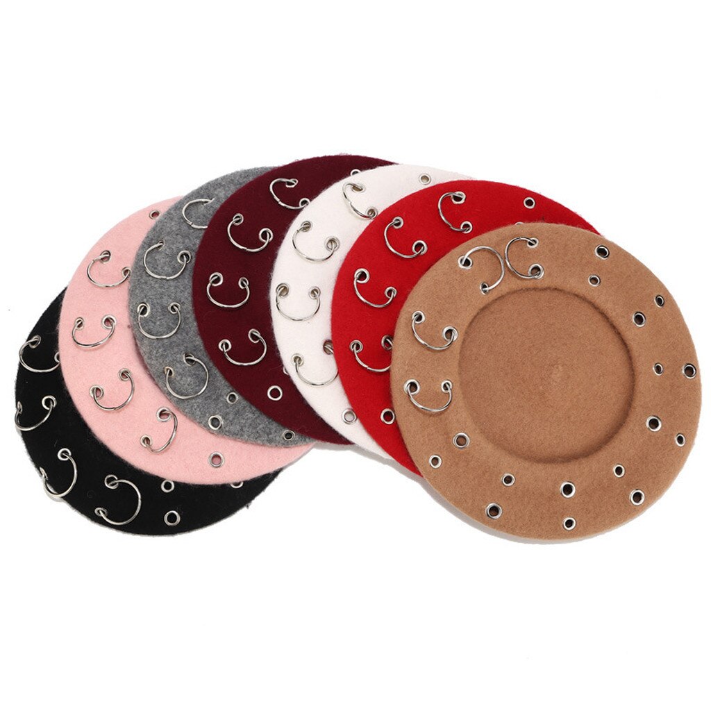 Boina Harajuku de estilo Punk Rock para mujer, boina con aros de hierro, gorros de lana Retro, boinas de pintor de lana negra