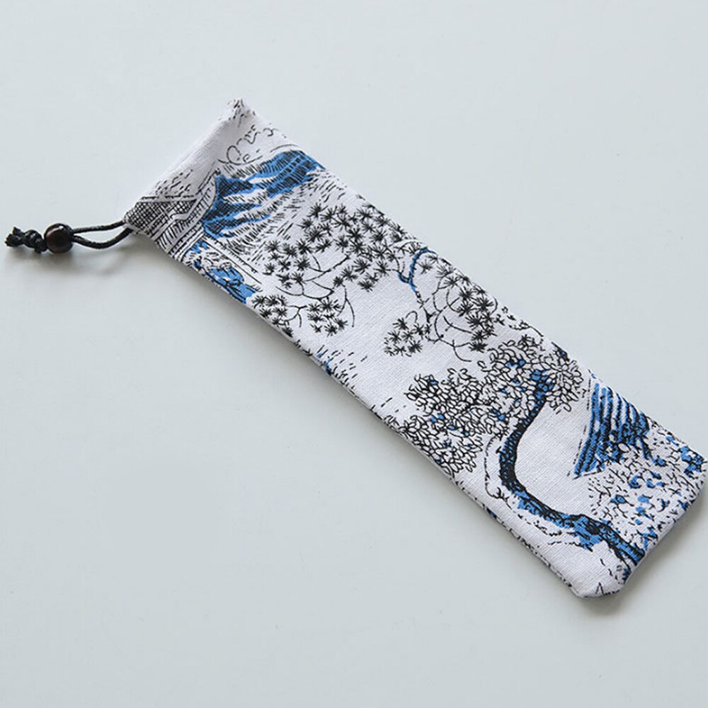 Japan Stijl Bestek Zak Herbruikbare Reizen Koord Pouch Voor Keuken Servies Vork Lepel Bamboe Eetstokjes Reinigingsborstel: 9