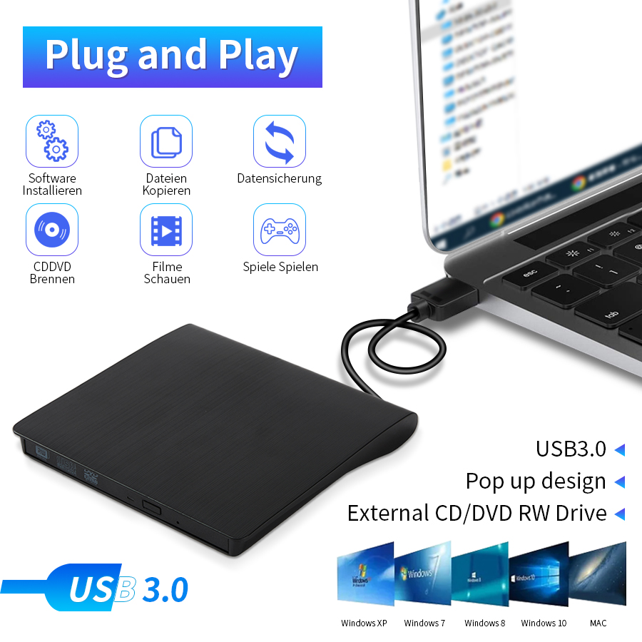 Portable External CD DVD Drive USB 2.0 Slim Optical Drive Burner CD Player DVD-ROM Optical Drives for Laptop Desktop PC Computer