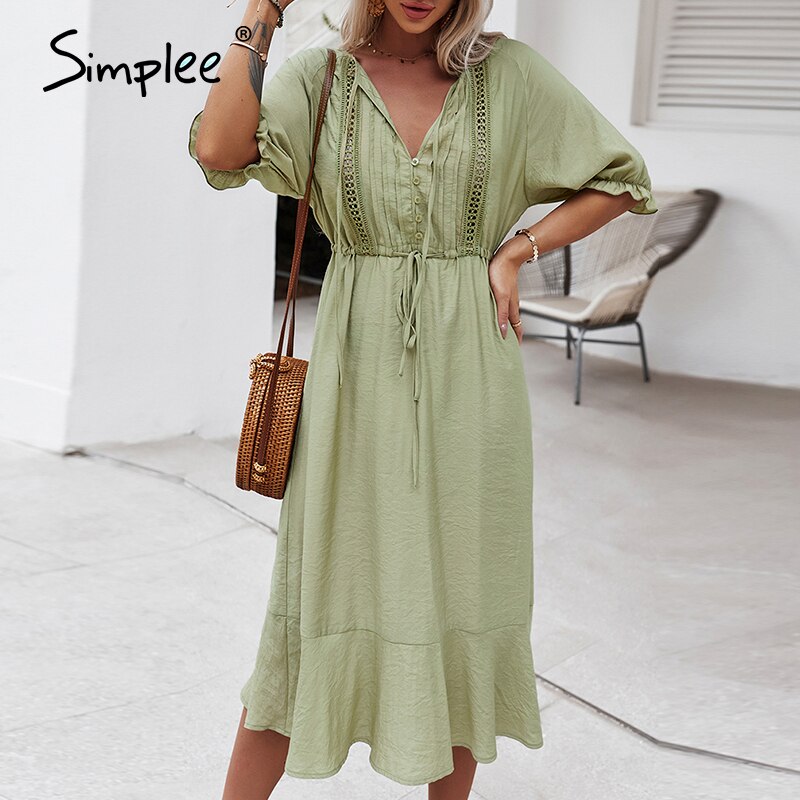 Natural Black Flare Sleeve Hollow Out Spring Holiday Dress