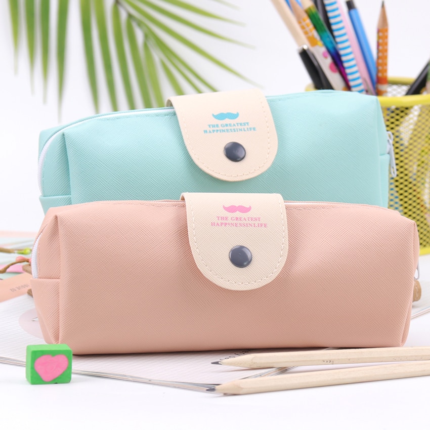 Estuche de lápices de Color de caramelo coreano, estuche Escolar impermeable de cuero Pu para niña, material de papelería Escolar, suministros escolares, 1 ud.