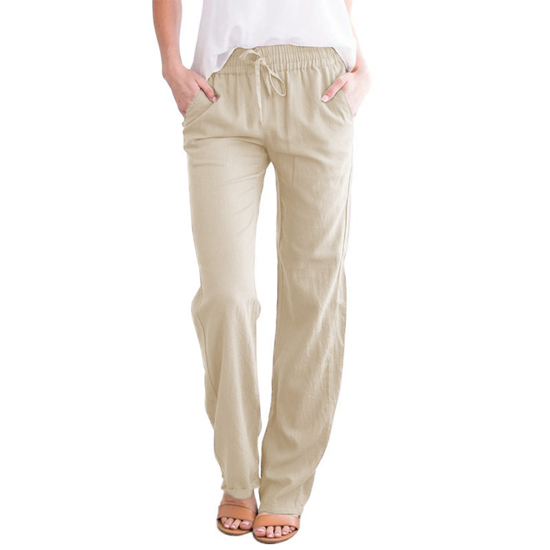 Spring/Summer Women's European and American Solid Cotton Hemp Drawstring Loose Relaxed Wide Leg Pants: XXXL / Beige