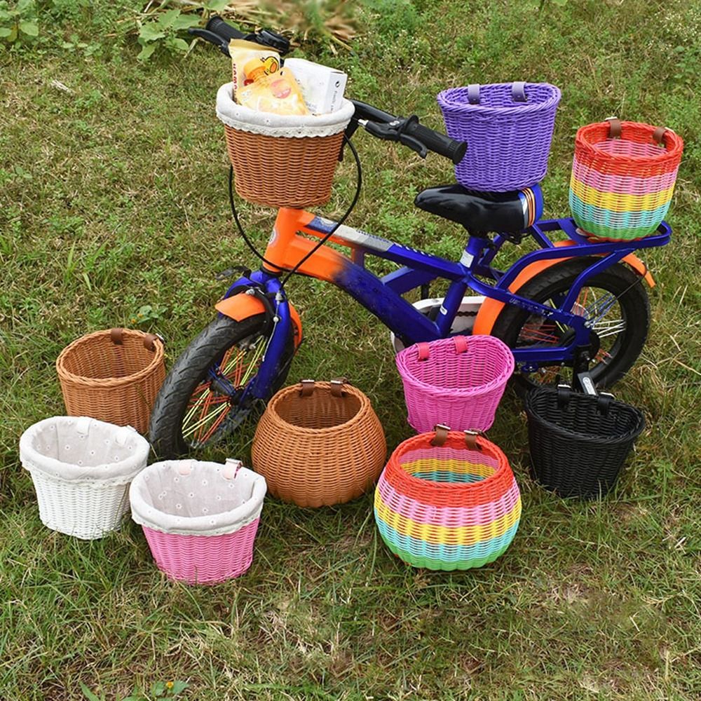 Cesta de bicicleta de mimbre de para niños con cinturón, bolsa de almacenamiento de bicicleta de 10 estilos, cesta para manillar delantero, accesorios para bicicleta