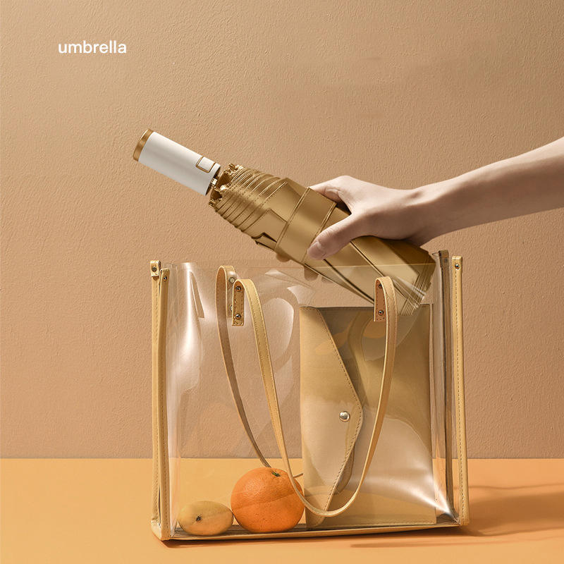 Volautomatische Drievoudige Drievoudige Zakelijke Opvouwbare Paraplu Voor Heren, Gouden Lijm Voor Heren, Doorzichtige Paraplu Voor Twee Doeleinden