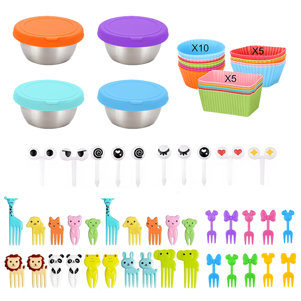 Juego de accesorios para fiambrera Bento escolar para niños con divisores de fiambrera de silicona/horquillas pequeñas para fruta, selecciones de comida/forro de silicona para magdalenas: BLANCO