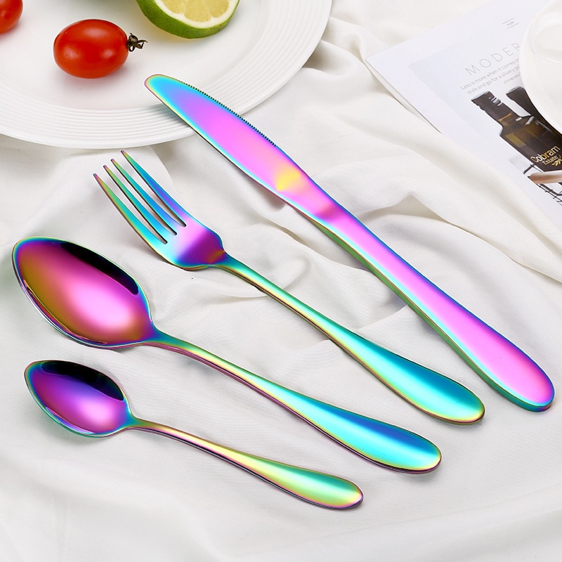 Regenboog Bestek Sets Vork Lepel Mes Set Koreaanse Keuken Servies 18/10 Rvs Zilverwerk Set Bestek Messen Sets