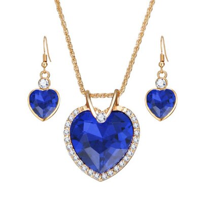 Jinglang Mode Vrouwen Ketting Oorbellen Sieraden Sets Rhinestone Crystal Hart Hangers Sieraden Sets Voor Vrouwen Valentijnsdag: Blue