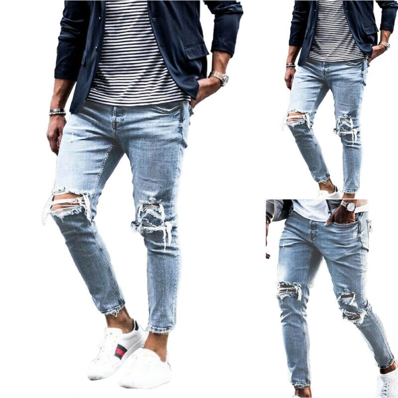 Mens Skinny Slim Fit Ripped Jeans Stretch Biker Distressed Casual Denim Pants