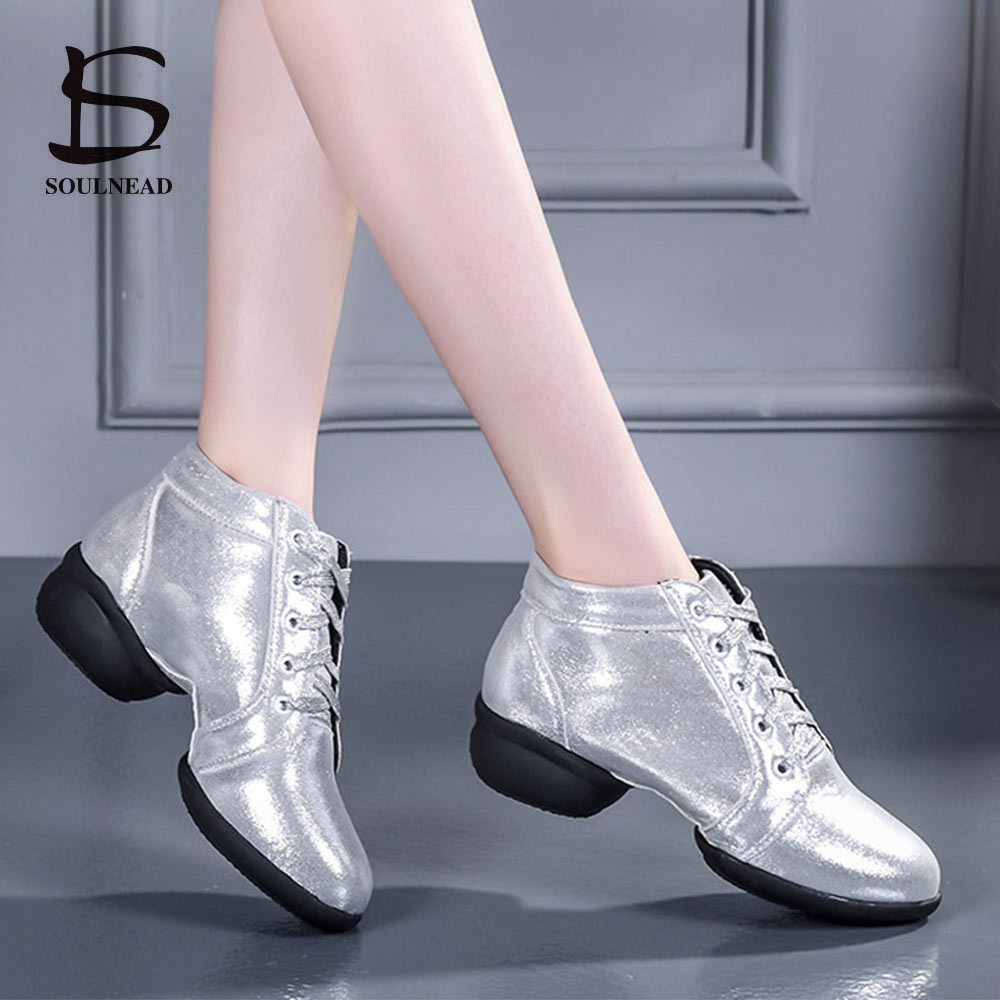 Zapatos de baile modernos para mujer, botas de baile de Jazz con tacón medio de cuero dorado, talla 35-41 de 4cm