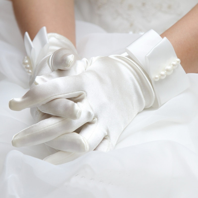 Wit Ivoor Zijde Satijn Vinger Korte Bruids Handschoenen Trouwjurk Accessoires Pols Lengte Parels Handschoenen