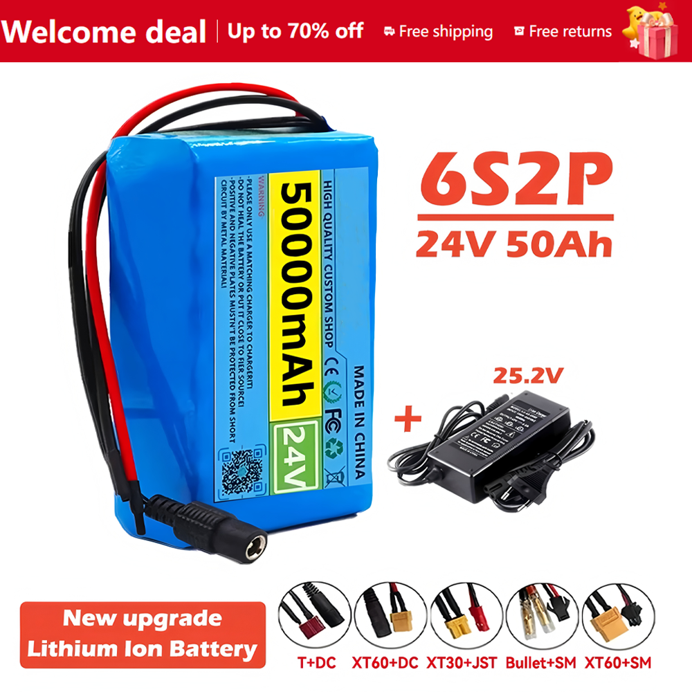 Batterie rechargeable au lithium 24V 50000mAh 6s2p 18650 avec panneau de protection BMS batterie lithium-ion avec chargeur
