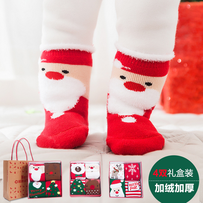 4 par/lote, bolsa de , calcetines de Navidad para niños, calcetines para niñas, calcetines para bebés, algodón peinado, más terciopelo, calcetines gruesos para bebés