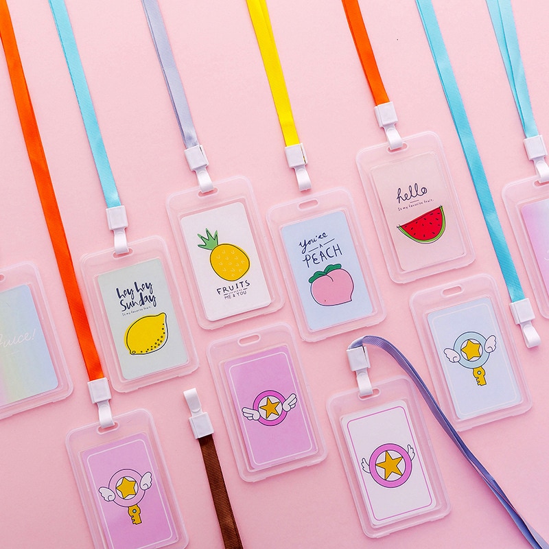 16 Styles Lovely Transparent ID Card Badge Holder Practical Kids Student Use Name ID Card Case Cover With Long Lanyard