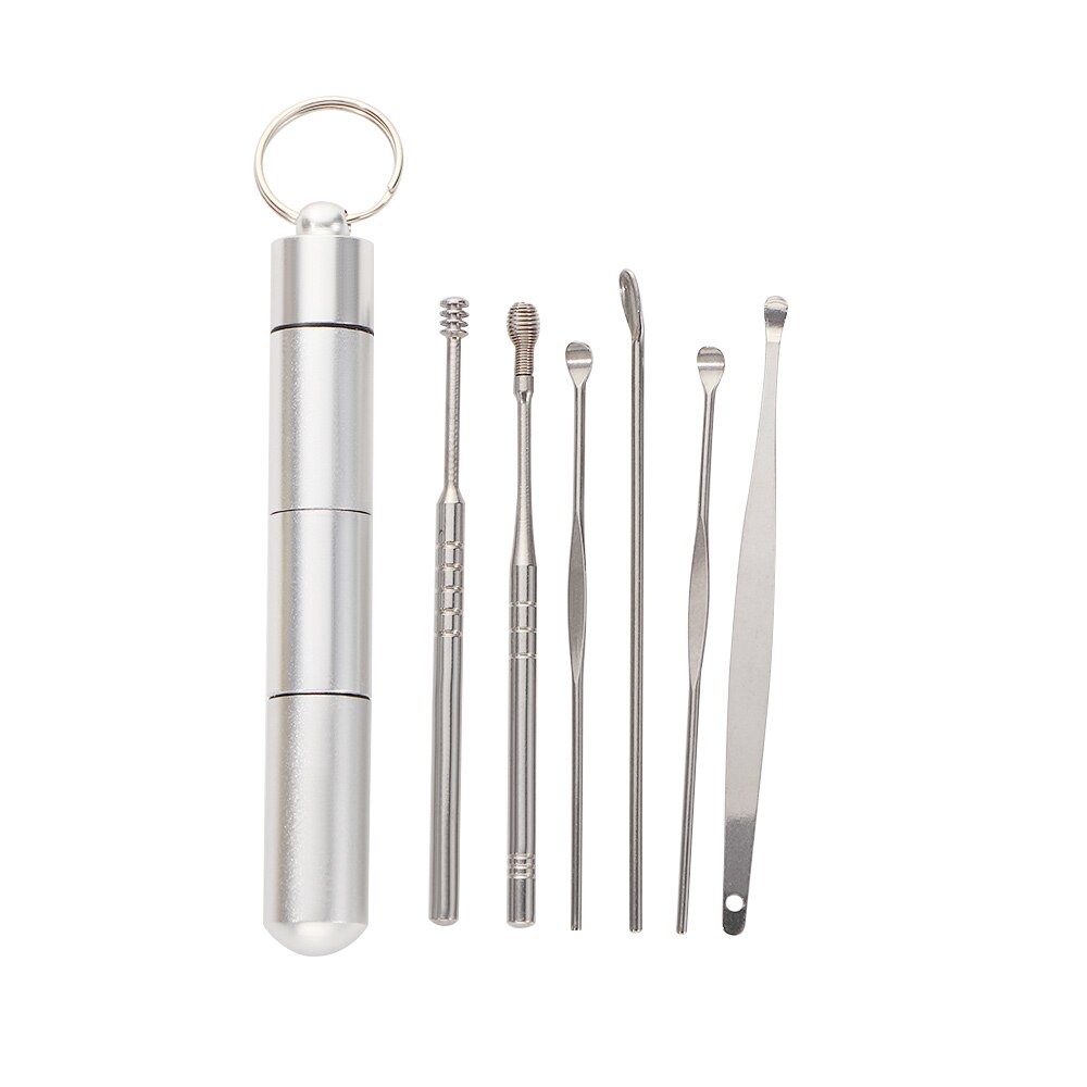 6 Stks/set Draagbare Roestvrij Stalen Spiraal Oor Pick Lepel Oorsmeer Removal Cleaning Earpick Oor Schoner Oor Care Tools: silver