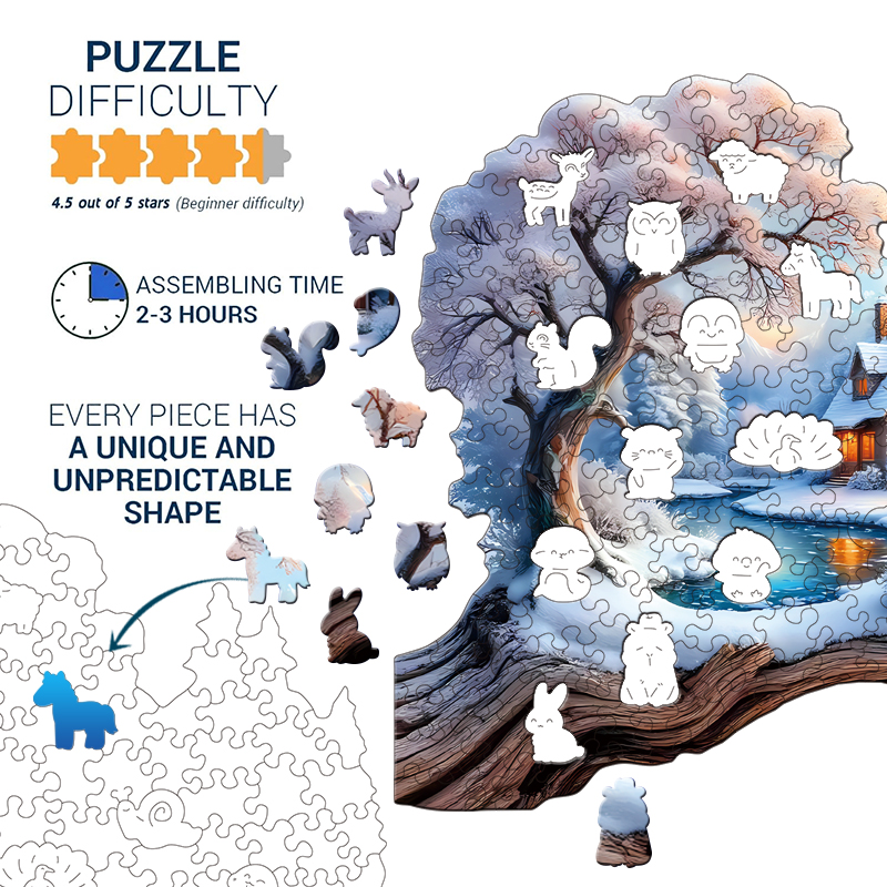 Treehouse in the Snow Wooden Puzzle for Adults, Unique Shaped Pieces, Exquisite Box, Brain Exercise, Room Decor