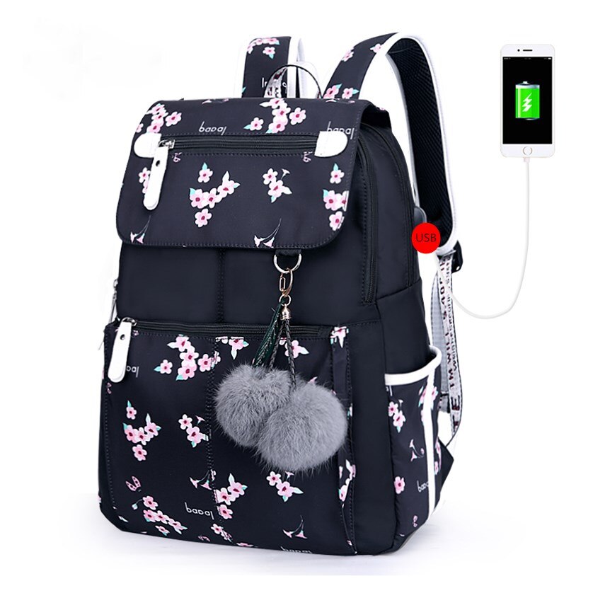 Junior High School Bags For Girls Laptop Backpack Female Usb Backbag Children Backpacks School Backpack For Girls Bag Pack: Flower