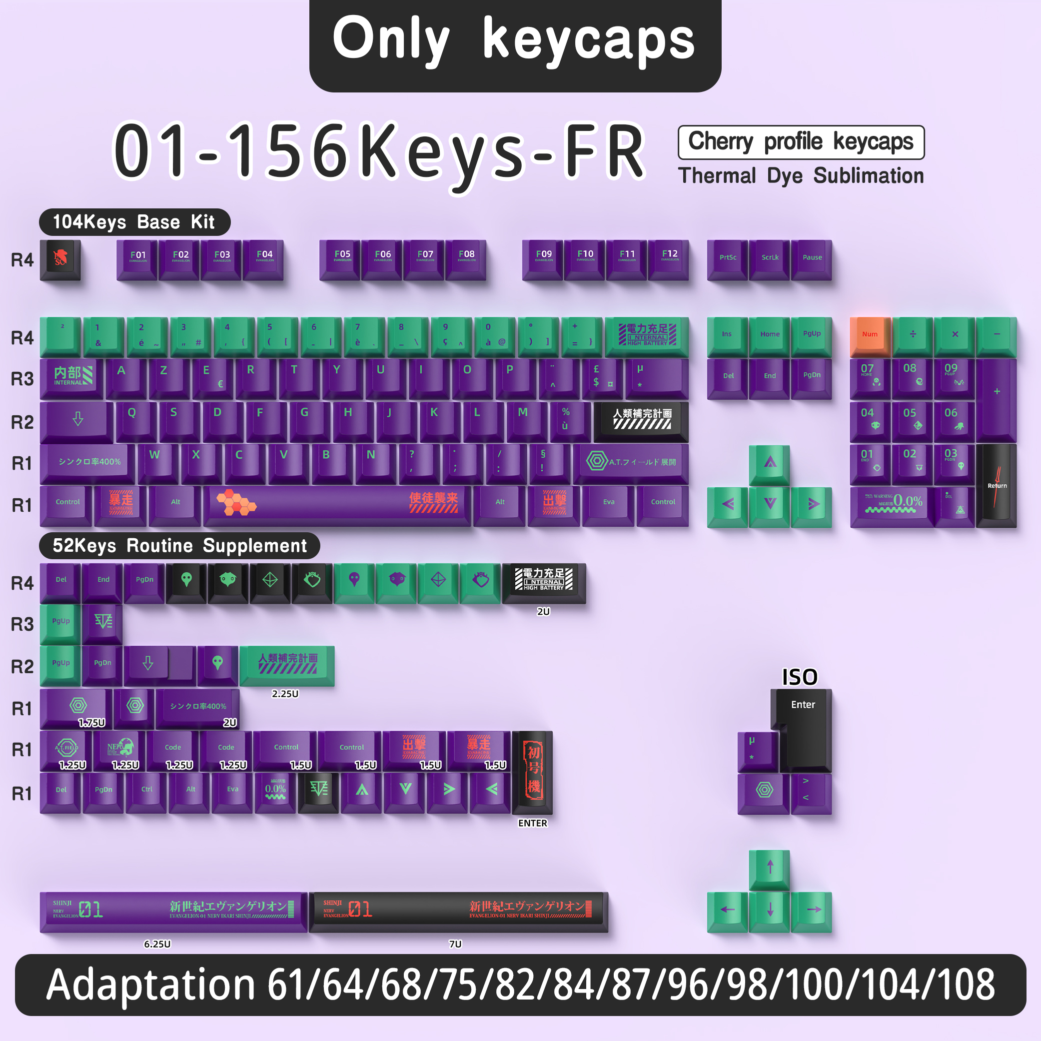 Französische Tastenkappe 136–156 Tasten BPT Kirsche Profil FR Tastenkappen für französische Tastatur MX mechanische Tastatur 7U Platz Schlüssel Hallo75: Lila