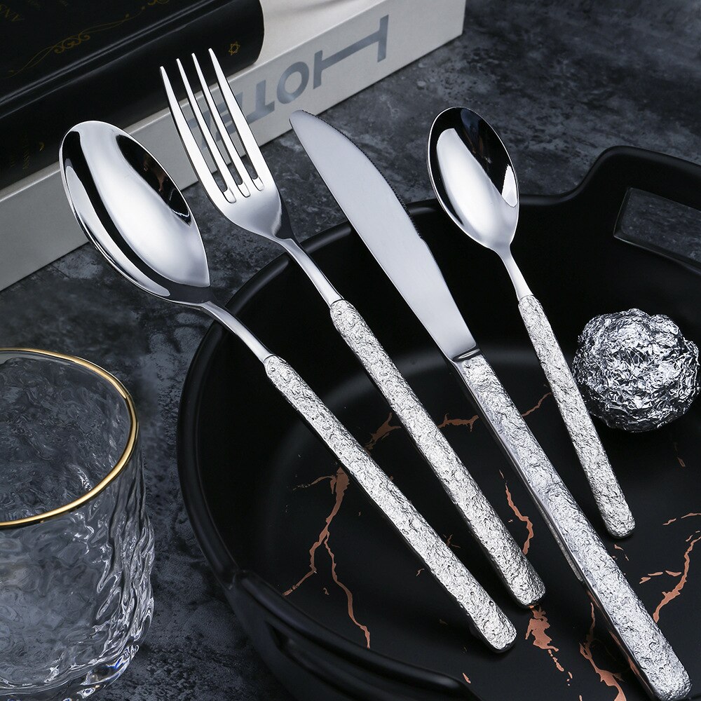 Stainless Steel Bright Silver Cutlery Mirror Household 4pcs Kitchen Tablewares Set Steak Knife Fork Coffee Spoon Dessert Fork