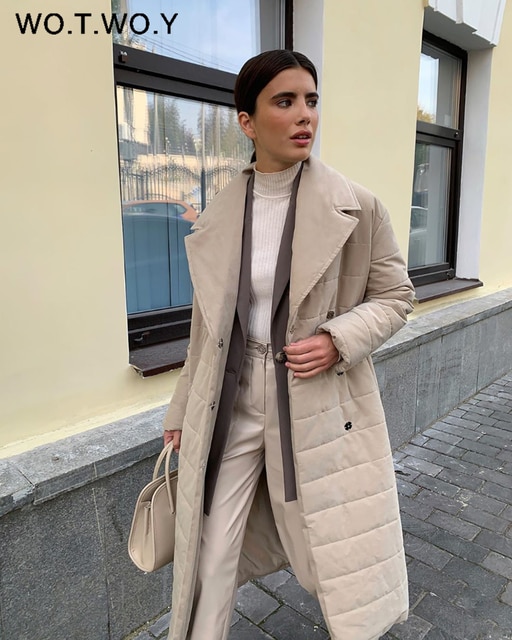 WOTWOY-Abrigo acolchado largo de Invierno para mujer, Parkas con cinturón grueso a prueba de viento para mujer, chaquetas informales liso de talla grande, ropa de nieve para mujer: 20261-Apricot / M