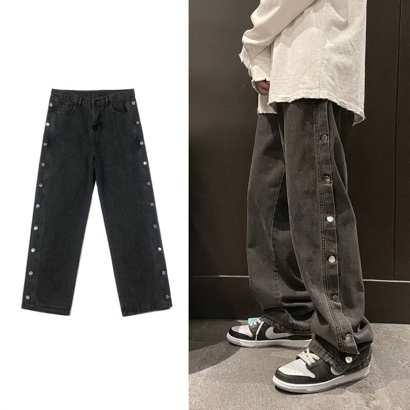 Pantalon en Denim pour femmes, coupe ample, couleur unie, tendance Hip hop, automne et hiver, jambes larges, taille moyenne, papa: Black / XXL
