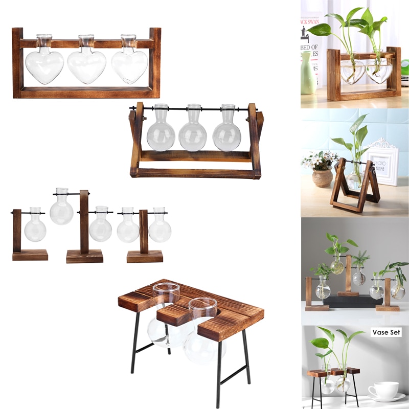 Glas och trä vas plantering terrarium bord skrivbord hydroponics växt bonsai blomkruka hängande krukor med trä bricka heminredning