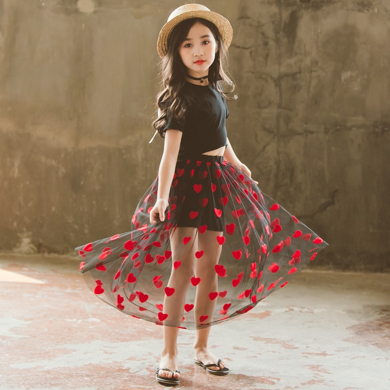 Jupe brodée motif de cœur pour filles | Jupes d'été , Maxi, longues en Tulle, vêtements pour enfants 10-12-14 ans