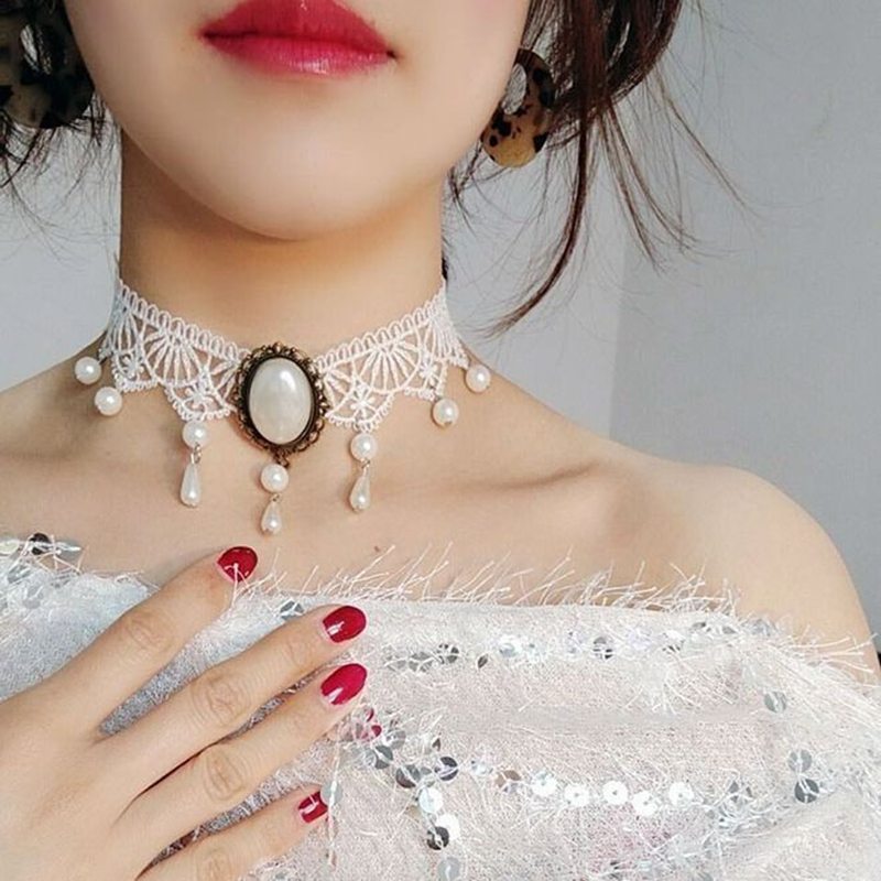 Gothic Victorian Black Lace Necklace Women Girl Boho Crystal Tassel Sexy Choker Steampunk Dark Loli Style Halloween Jewelry