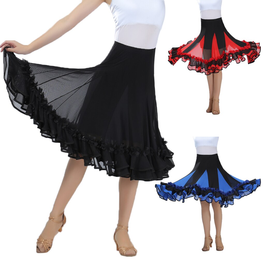 Falda de baile larga con vuelo suave para fiestas de vals estándar Flamenco para salón de baile para mujer