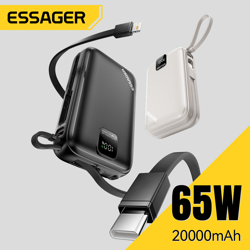 Essager Power Bank 20000mAh PD 65W Fast Charging Digital Display Portable PowerBank With 2 cables for iPhone 16 Laptop MacBook