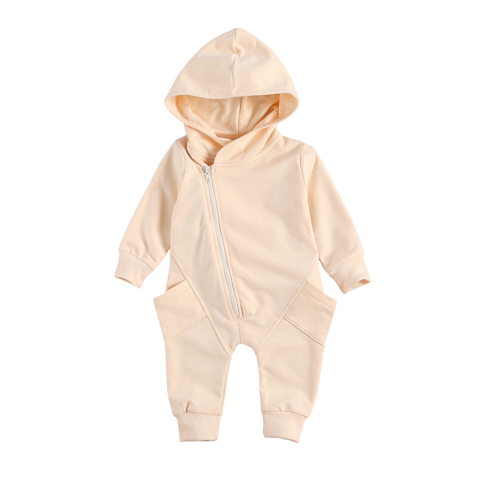 FOCUSNORM Autumn Winter Infant Baby Girls Boys Rompers Solid Pocket Long Sleeve Zipper Hooded Jumpsuits 2 Colors 0-24M: Beige / 12M