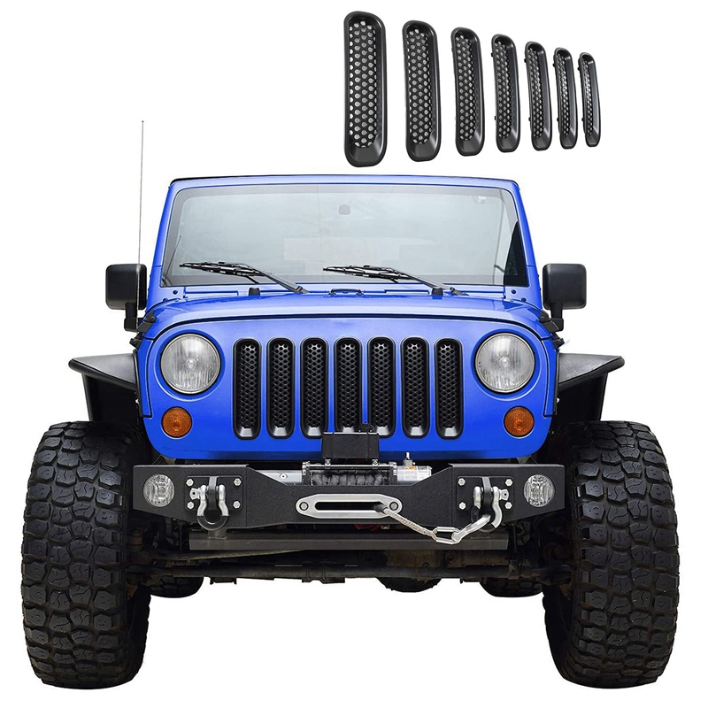 SHGO -7 Pcs Clip-in Mesh Grille Insert Cover Fit for 07-15 Jeep Wrangler JK - Matte Black