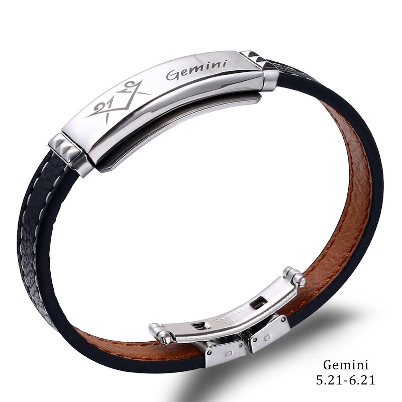 Pulsera de acero inoxidable con 12 Constelaciones para hombre, joyería de , Charm, cuero negro, signos del zodiaco informales, Punk,: Gemini