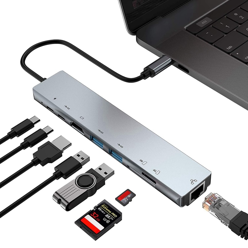 Concentrador de red USB tipo C 8 en 1, adaptador multipuerto tipo C con puerto HDMI 4K, puerto Ethernet 1000Mbps RJ45, de energía USB-C, lectura de tarjeta TF/SD